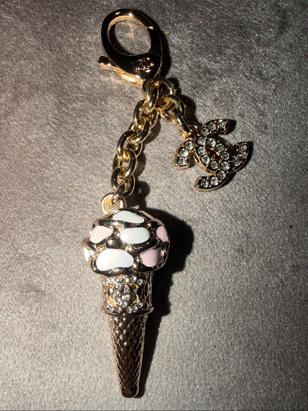 Chanel Gold Ice Cream Cone Bag Charm Keychain Crystal